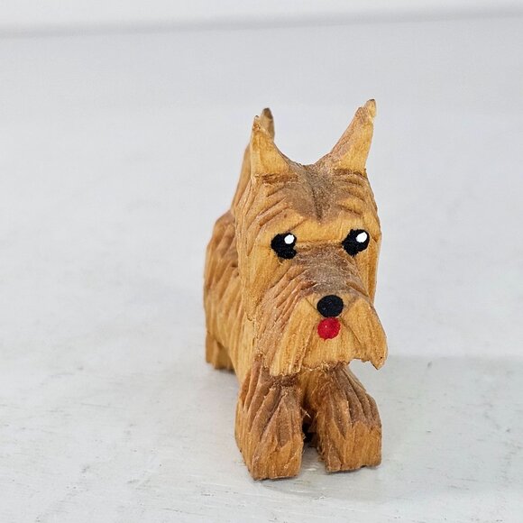 Hand Carved Wooden Dog Figurine Scottish Terrier Design Playful Pose Red Tongue - Picture 6 of 8